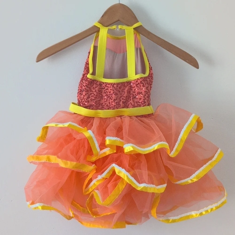 New Weissman Coral Yellow Sequin Tutu Dance Costume Ruffle Skirt Halter Dress